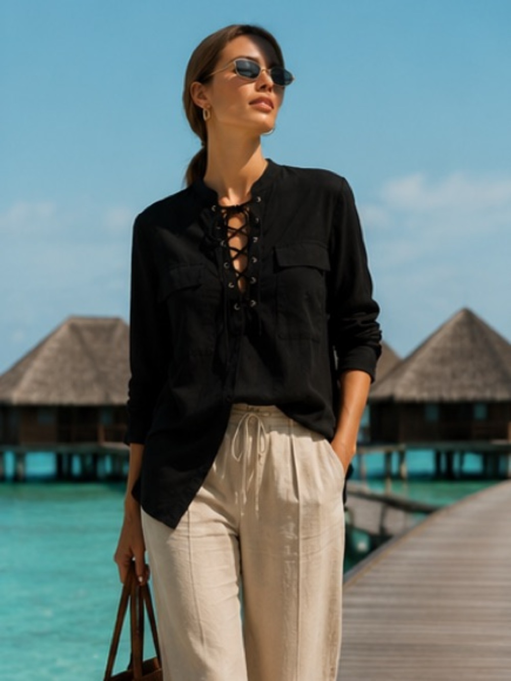 Black Lace Up Double Pocket Long Sleeve Top